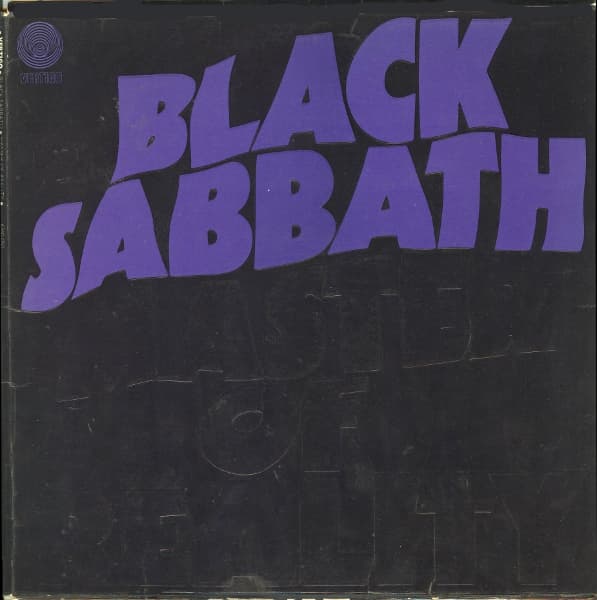 Master of Reality by Black Sabbath album cover — Oversized, distorted purple BLACK SABBATH lettering against black, with the album title below; on the original UK pressing,…