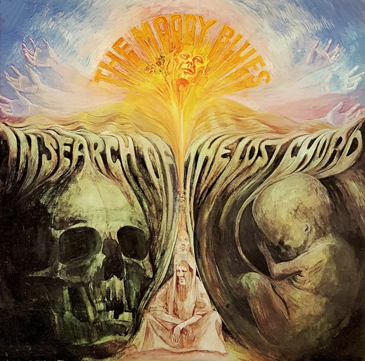 In Search of the Lost Chord by The Moody Blues album cover — Philip Travers's surreal painted meditation scene, built around an ascending human figure and layered symbolic…